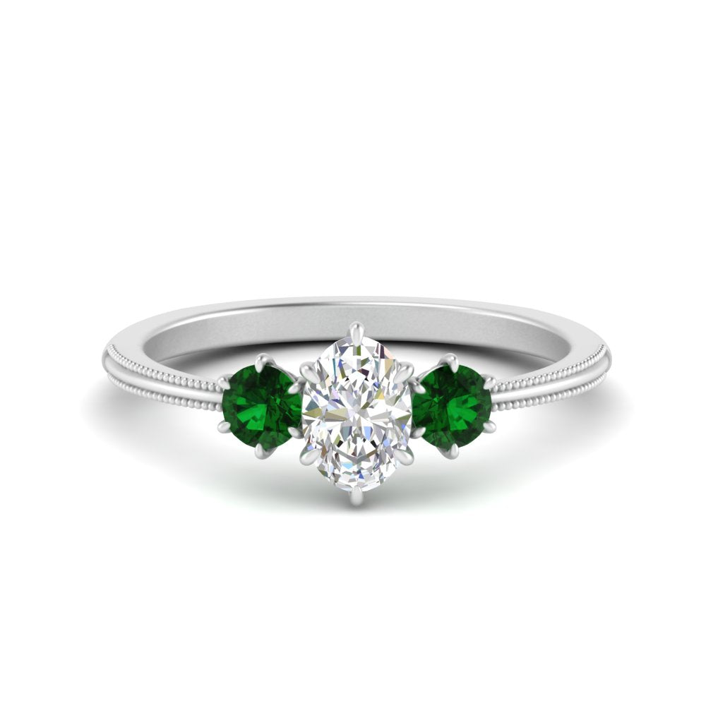 14K Gold Oval & Round Cut Diamond 3 Stone Engagement Ring