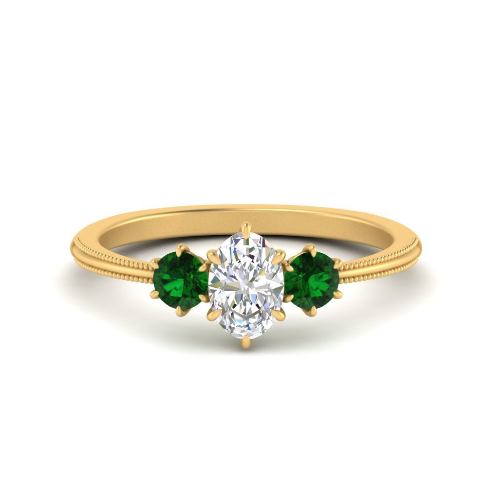 14K Gold Oval & Round Cut Diamond 3 Stone Engagement Ring