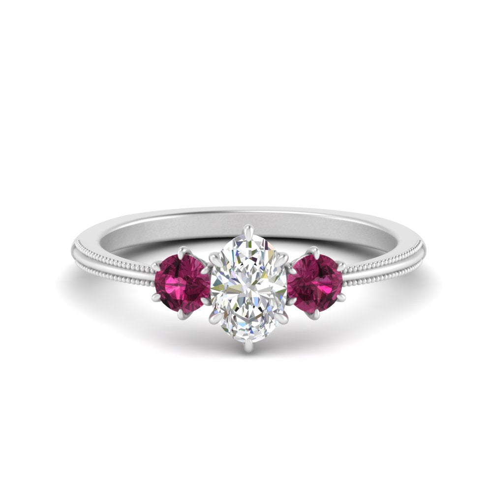 14K Gold Oval & Round Cut Diamond 3 Stone Engagement Ring