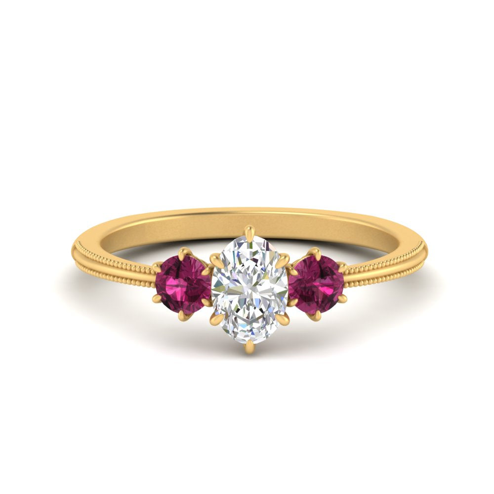 14K Gold Oval & Round Cut Diamond 3 Stone Engagement Ring