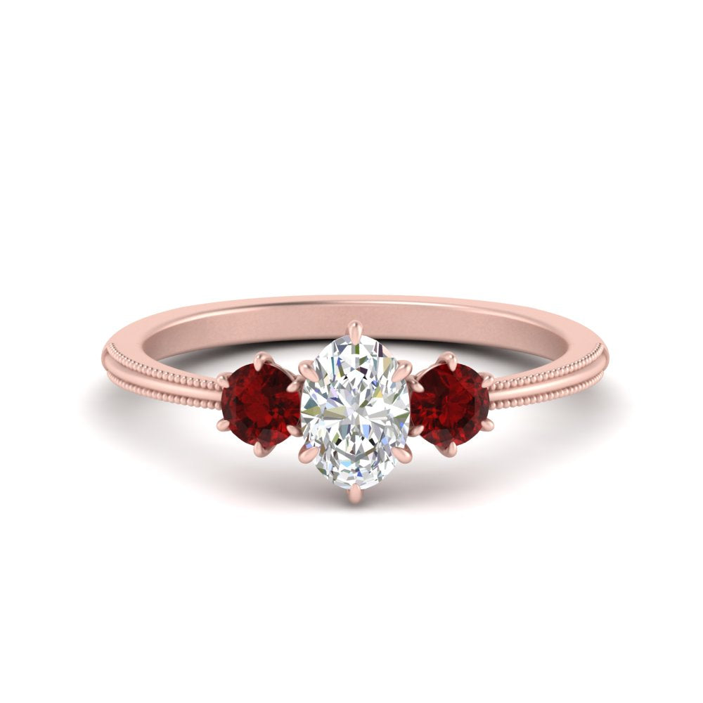 14K Gold Oval & Round Cut Diamond 3 Stone Engagement Ring