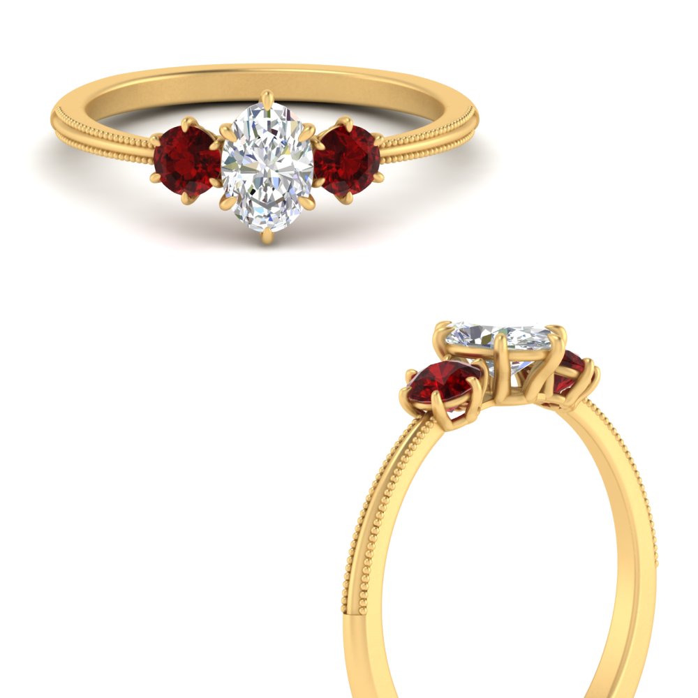 14K Gold Oval & Round Cut Diamond 3 Stone Engagement Ring