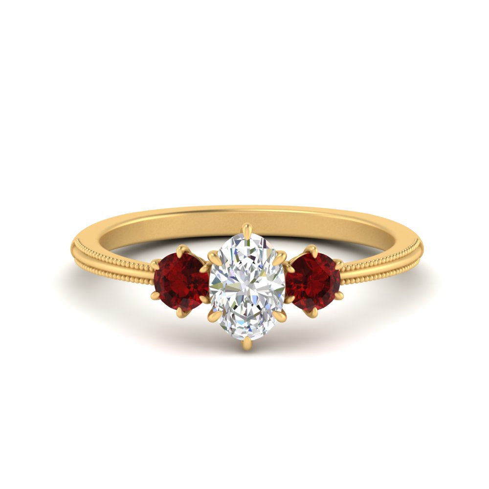 14K Gold Oval & Round Cut Diamond 3 Stone Engagement Ring