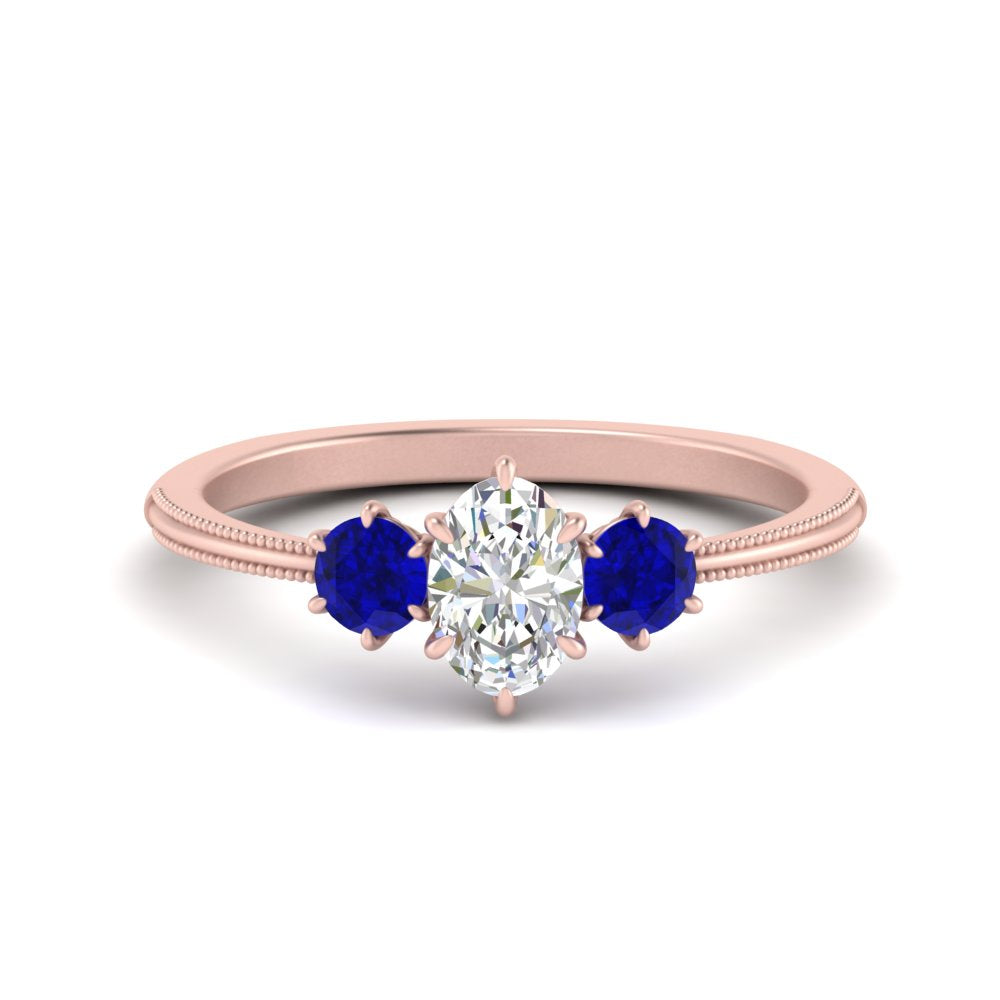 14K Gold Oval & Round Cut Diamond 3 Stone Engagement Ring