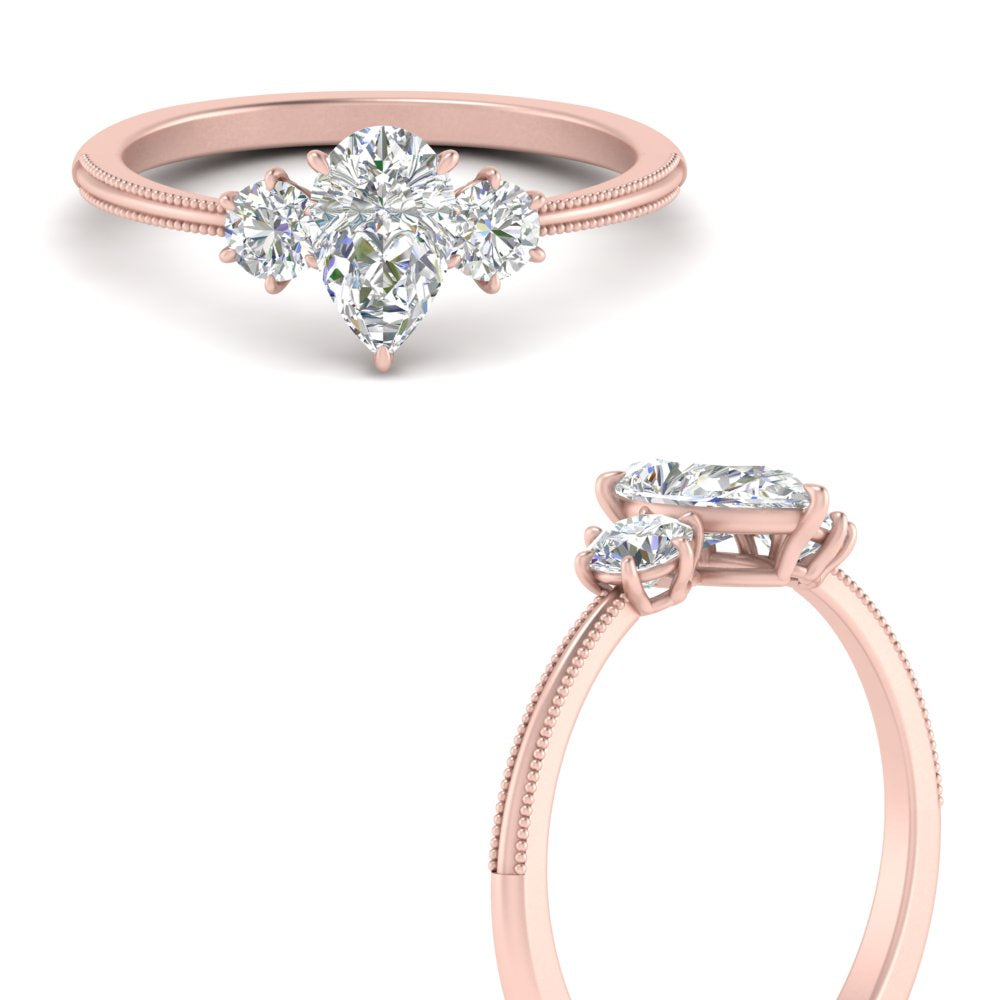 14K Gold Pear & Round Cut Diamond 3 Stone Engagement Ring