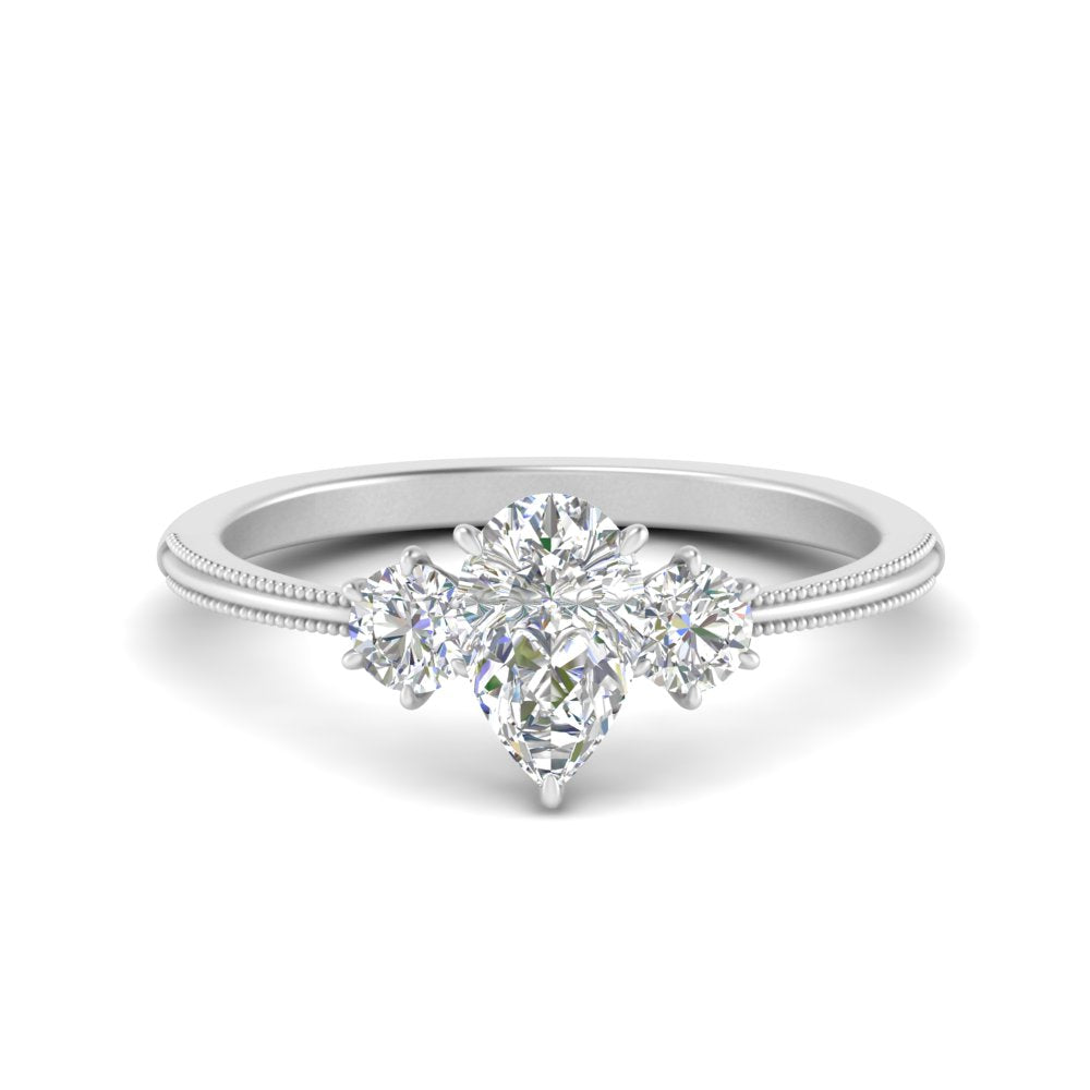 14K Gold Pear & Round Cut Diamond 3 Stone Engagement Ring