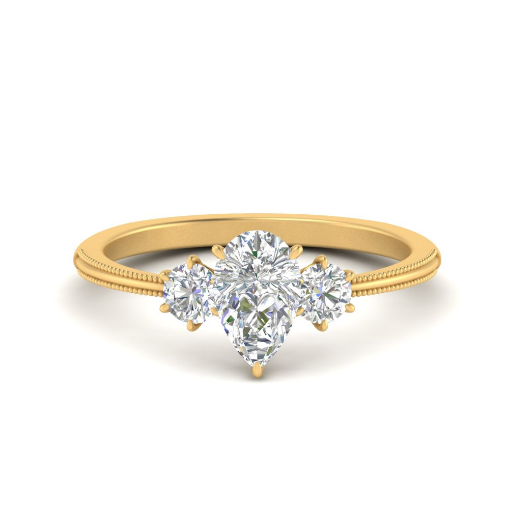 14K Gold Pear & Round Cut Diamond 3 Stone Engagement Ring