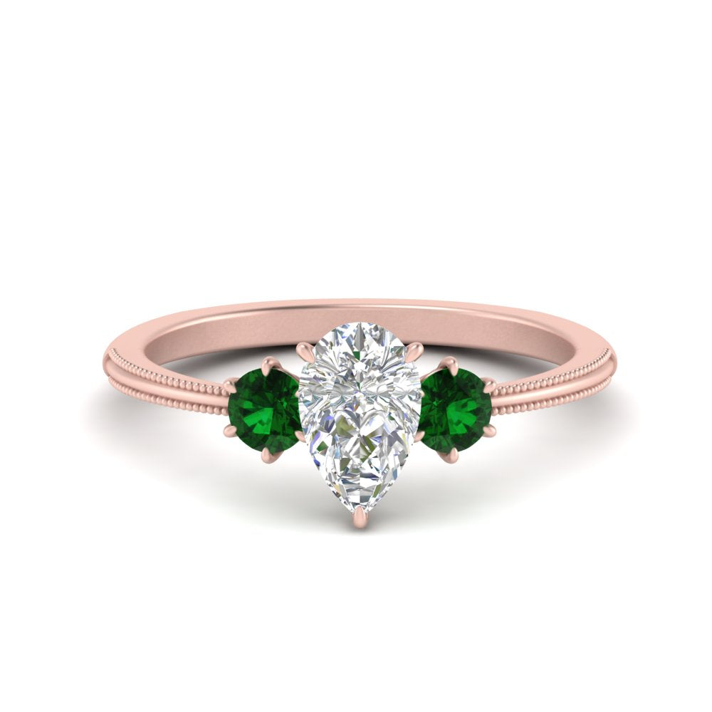 14K Gold Pear & Round Cut Diamond 3 Stone Engagement Ring