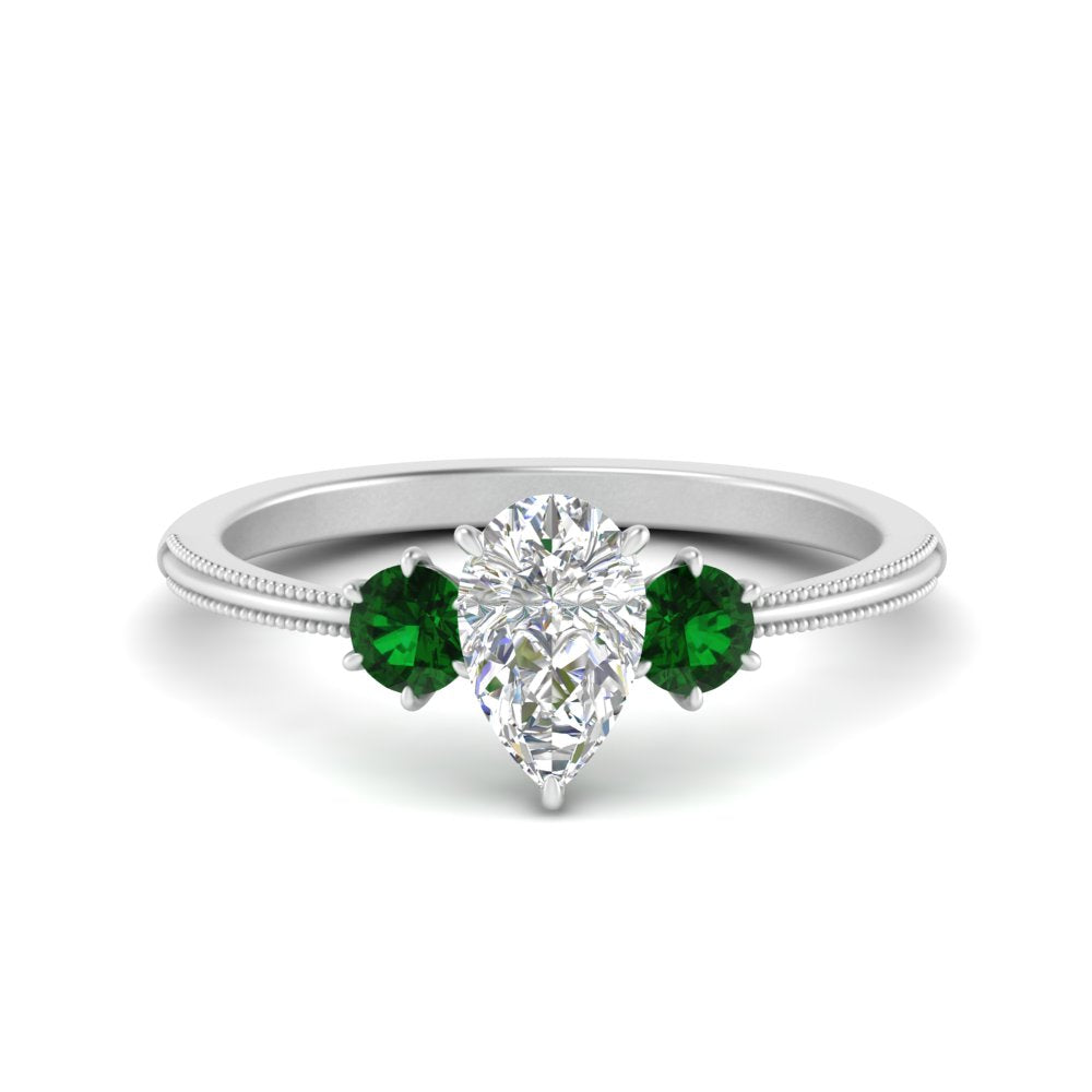 14K Gold Pear & Round Cut Diamond 3 Stone Engagement Ring