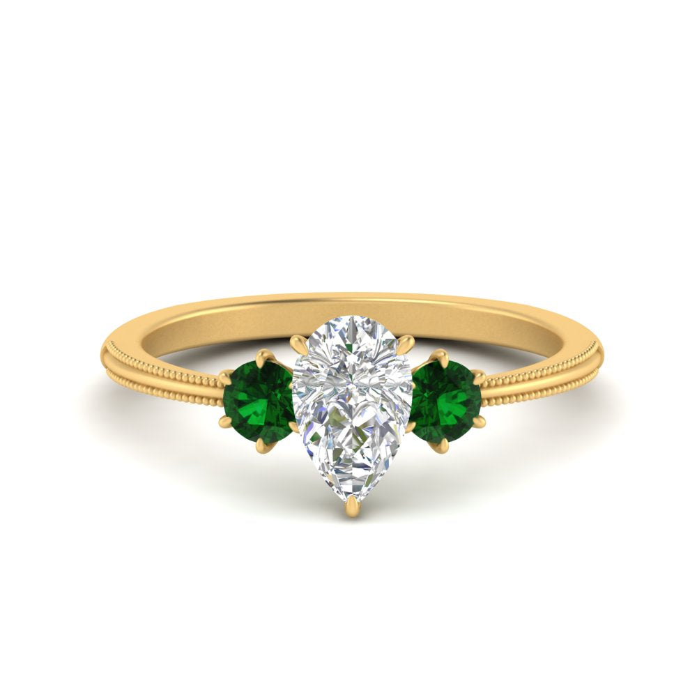 14K Gold Pear & Round Cut Diamond 3 Stone Engagement Ring