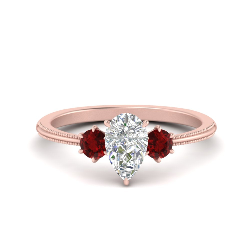 14K Gold Pear & Round Cut Diamond 3 Stone Engagement Ring