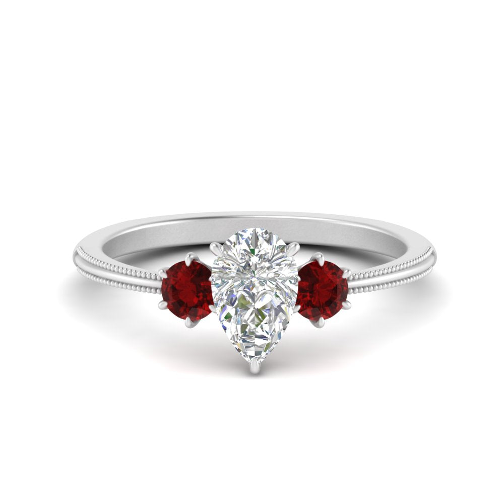 14K Gold Pear & Round Cut Diamond 3 Stone Engagement Ring