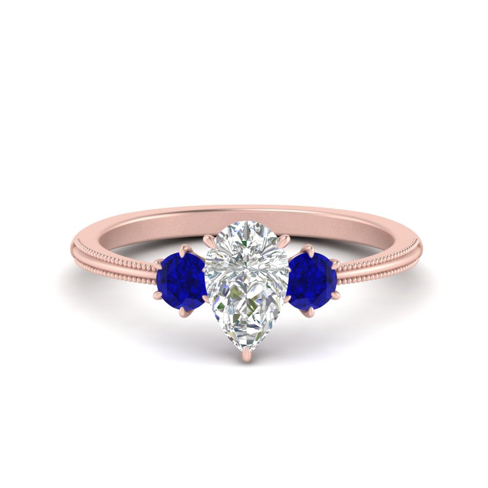 14K Gold Pear & Round Cut Diamond 3 Stone Engagement Ring