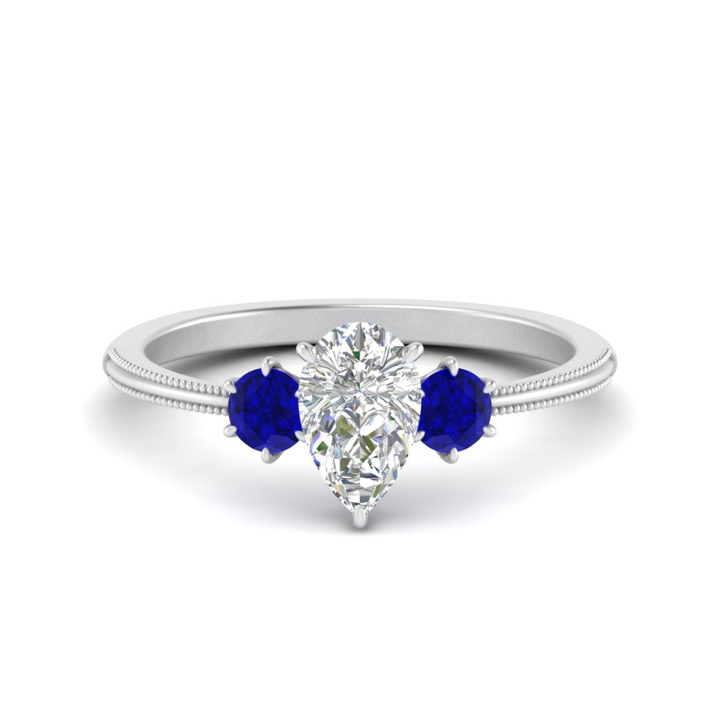 14K Gold Pear & Round Cut Diamond 3 Stone Engagement Ring