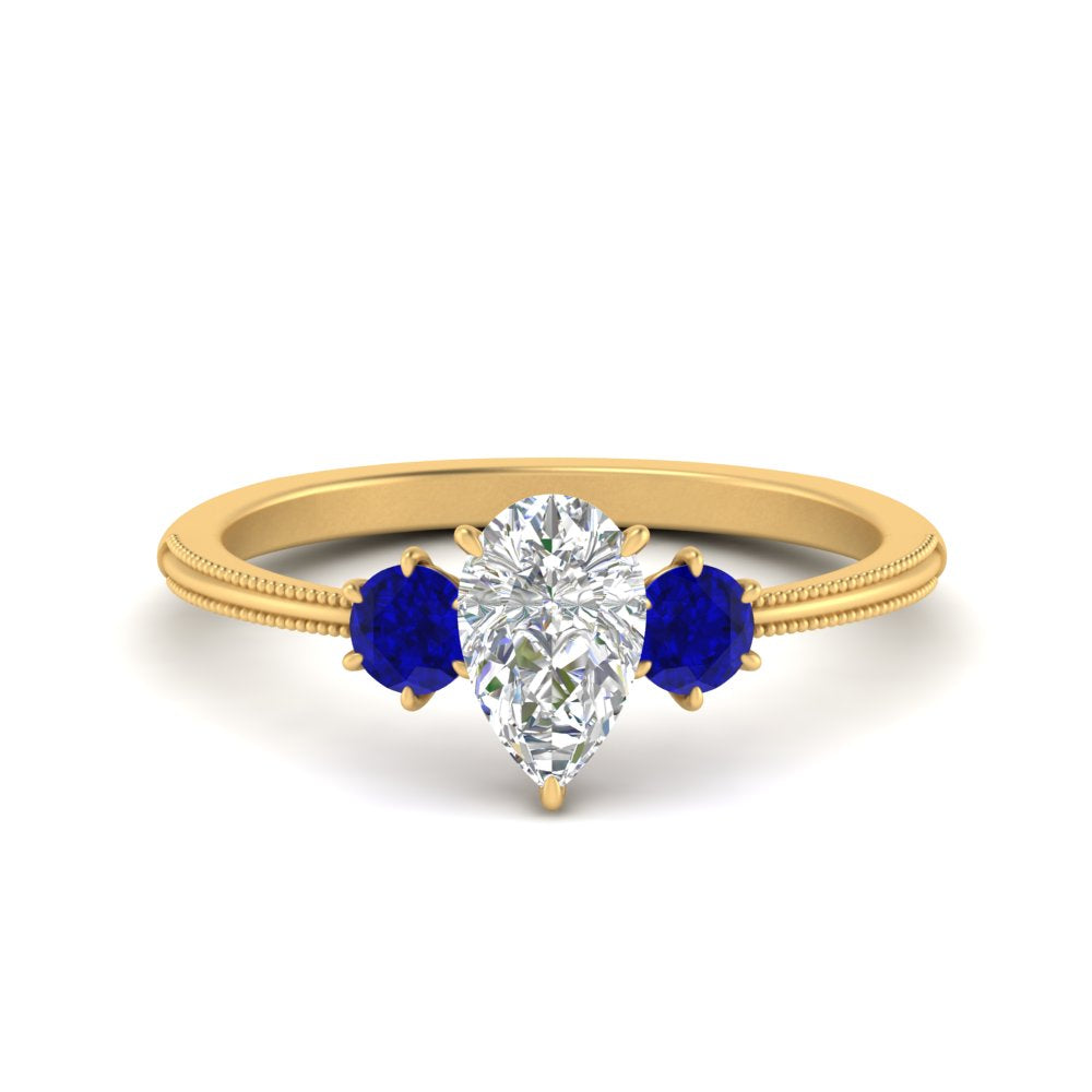 14K Gold Pear & Round Cut Diamond 3 Stone Engagement Ring