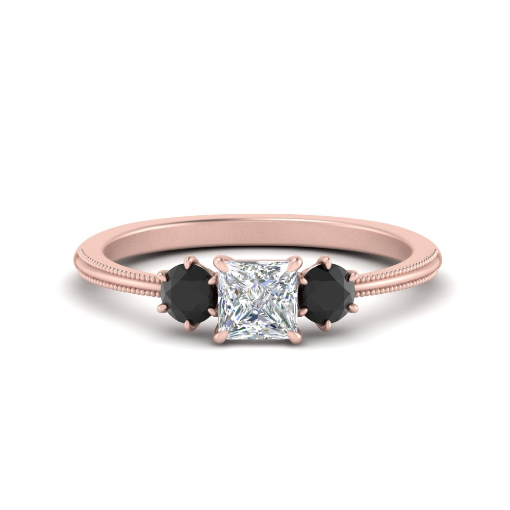 14K Gold Princess & Round Cut Diamond 3 Stone Engagement Ring