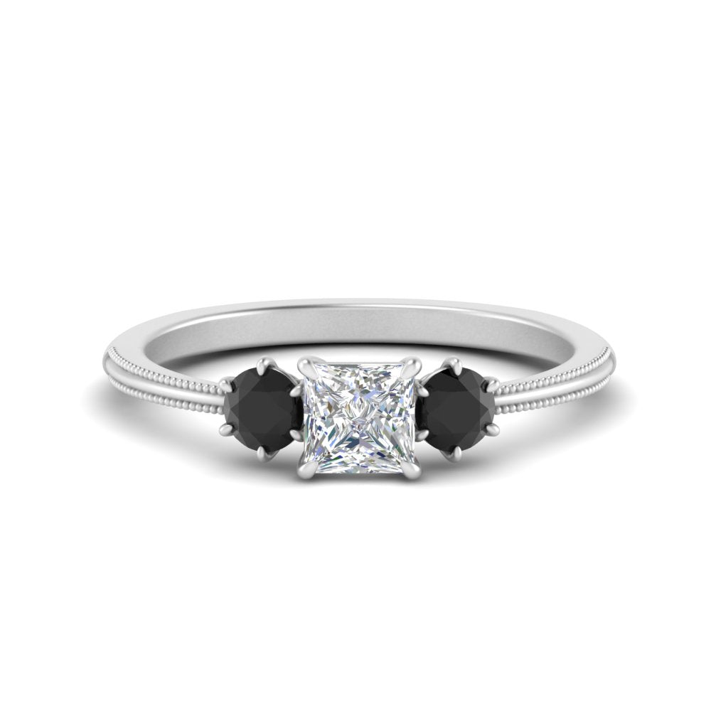 14K Gold Princess & Round Cut Diamond 3 Stone Engagement Ring