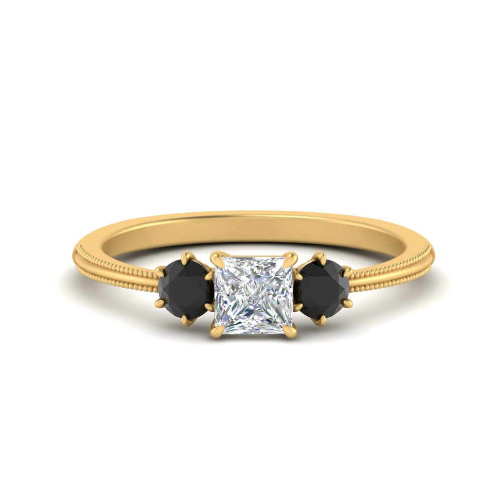 14K Gold Princess & Round Cut Diamond 3 Stone Engagement Ring