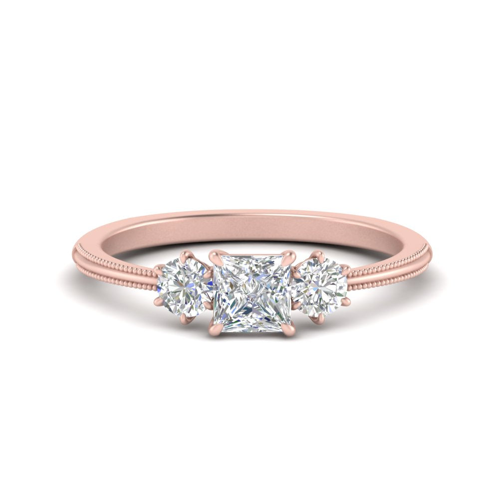 14K Gold Princess & Round Cut Diamond 3 Stone Engagement Ring