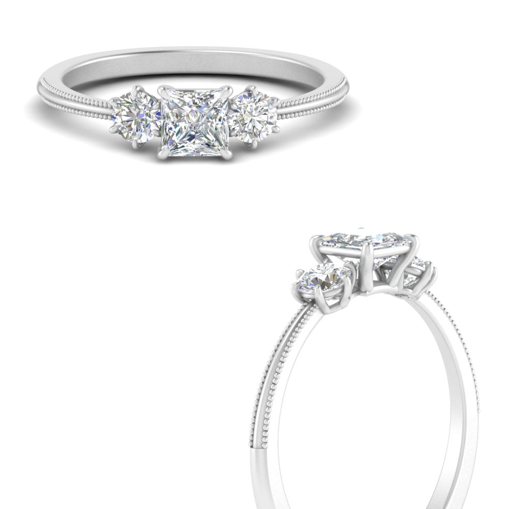 14K Gold Princess & Round Cut Diamond 3 Stone Engagement Ring