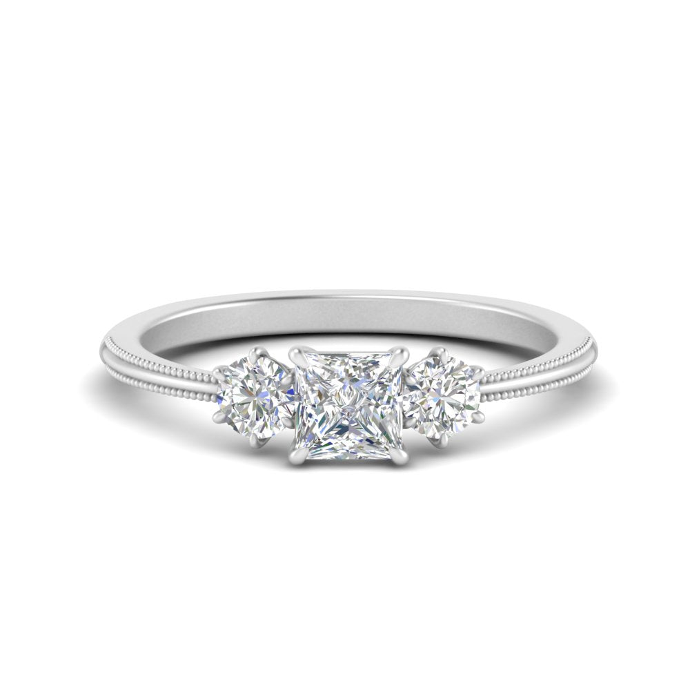 14K Gold Princess & Round Cut Diamond 3 Stone Engagement Ring