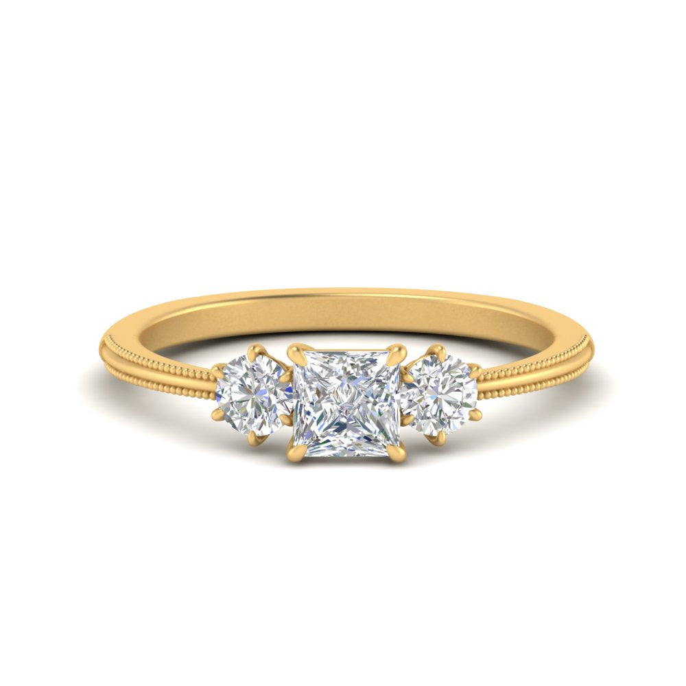 14K Gold Princess & Round Cut Diamond 3 Stone Engagement Ring
