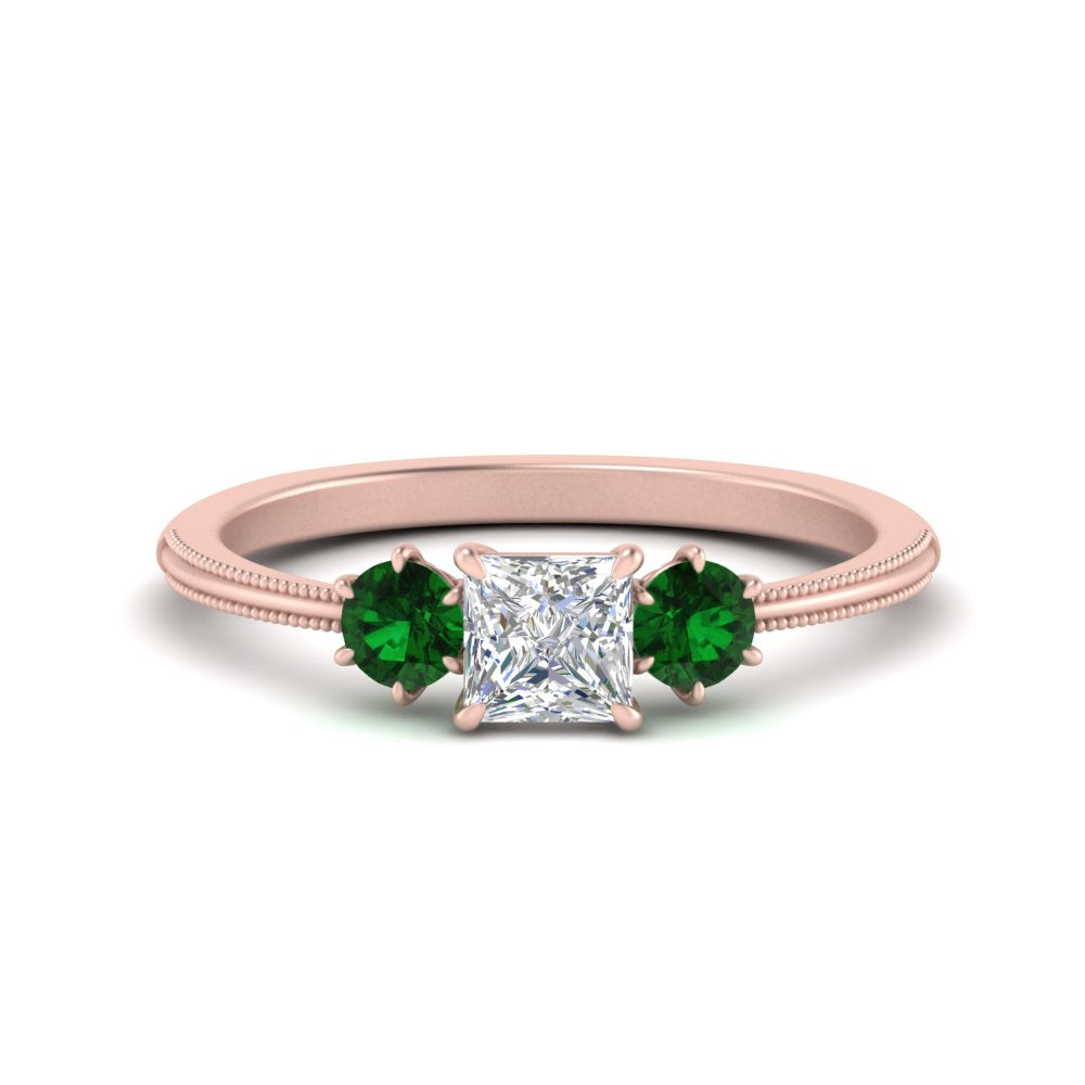 14K Gold Princess & Round Cut Diamond 3 Stone Engagement Ring