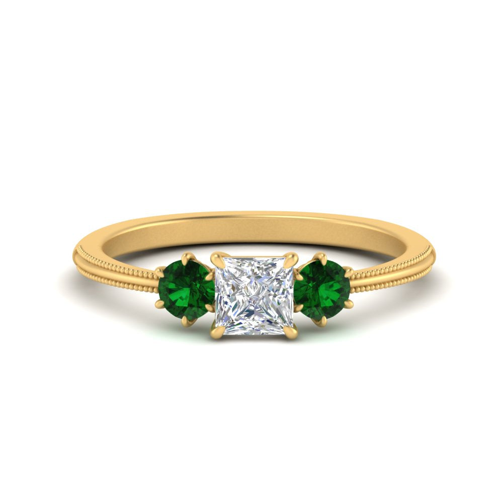 14K Gold Princess & Round Cut Diamond 3 Stone Engagement Ring