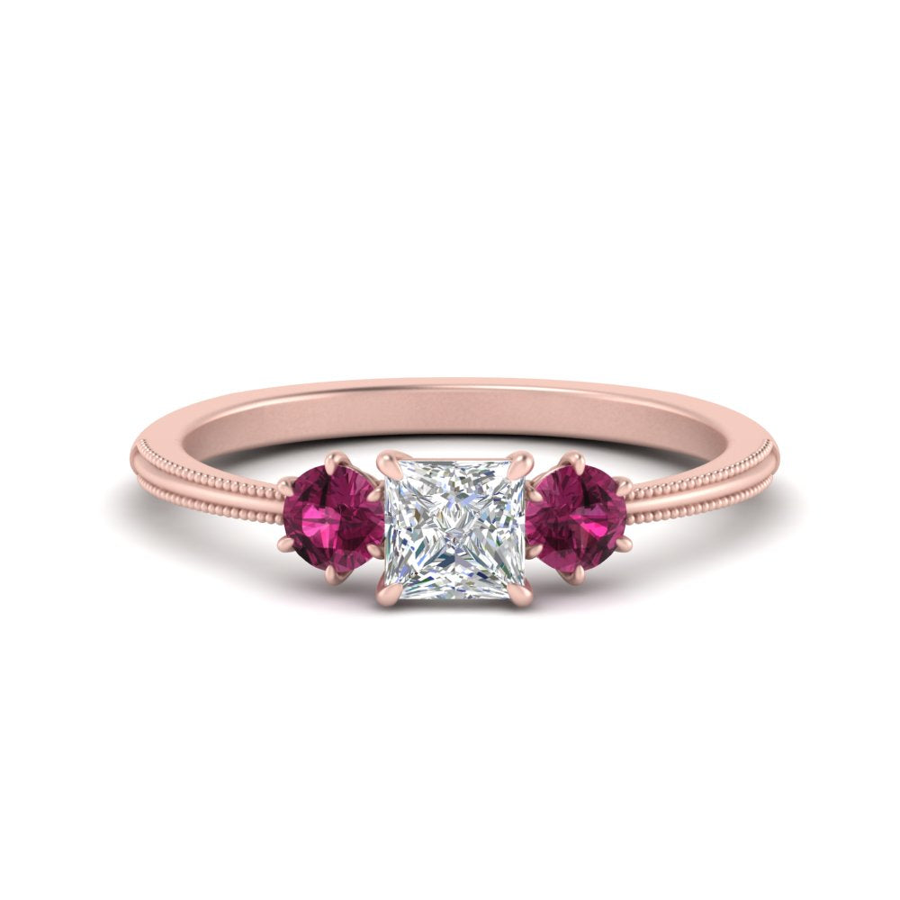 14K Gold Princess & Round Cut Diamond 3 Stone Engagement Ring