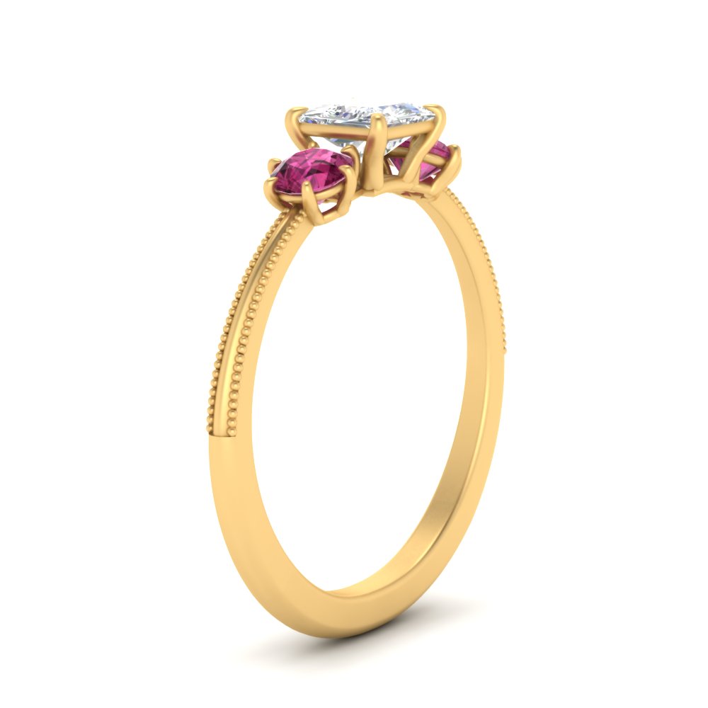 14K Gold Princess & Round Cut Diamond 3 Stone Engagement Ring