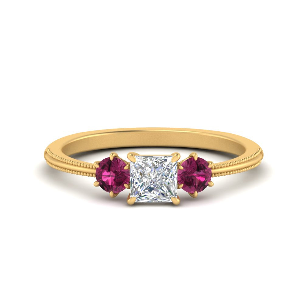 14K Gold Princess & Round Cut Diamond 3 Stone Engagement Ring