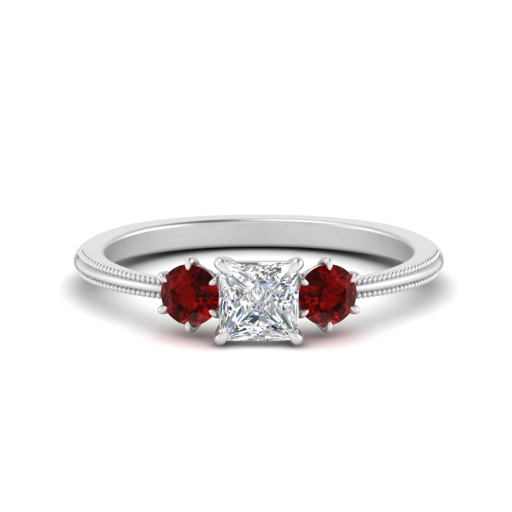 14K Gold Princess & Round Cut Diamond 3 Stone Engagement Ring