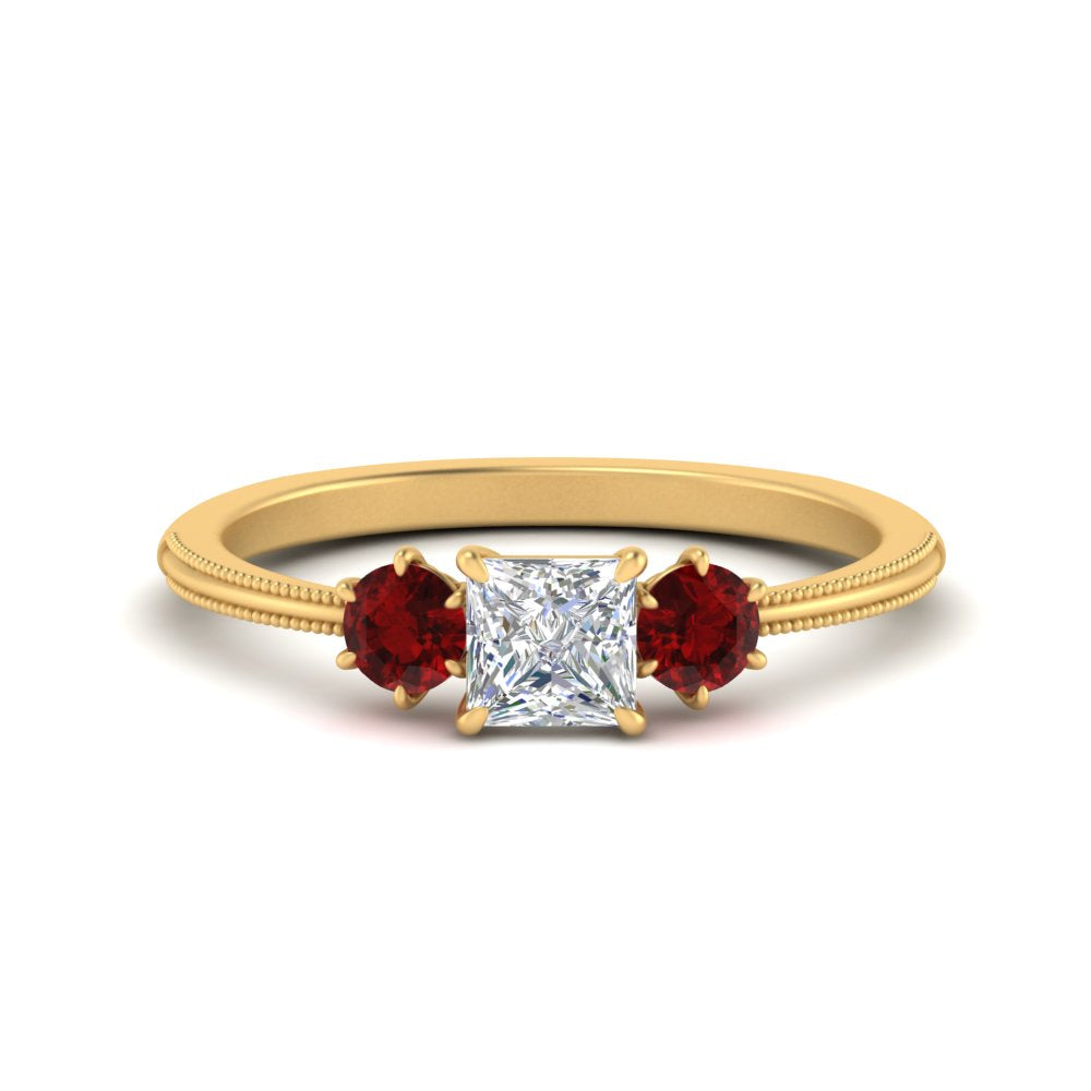 14K Gold Princess & Round Cut Diamond 3 Stone Engagement Ring