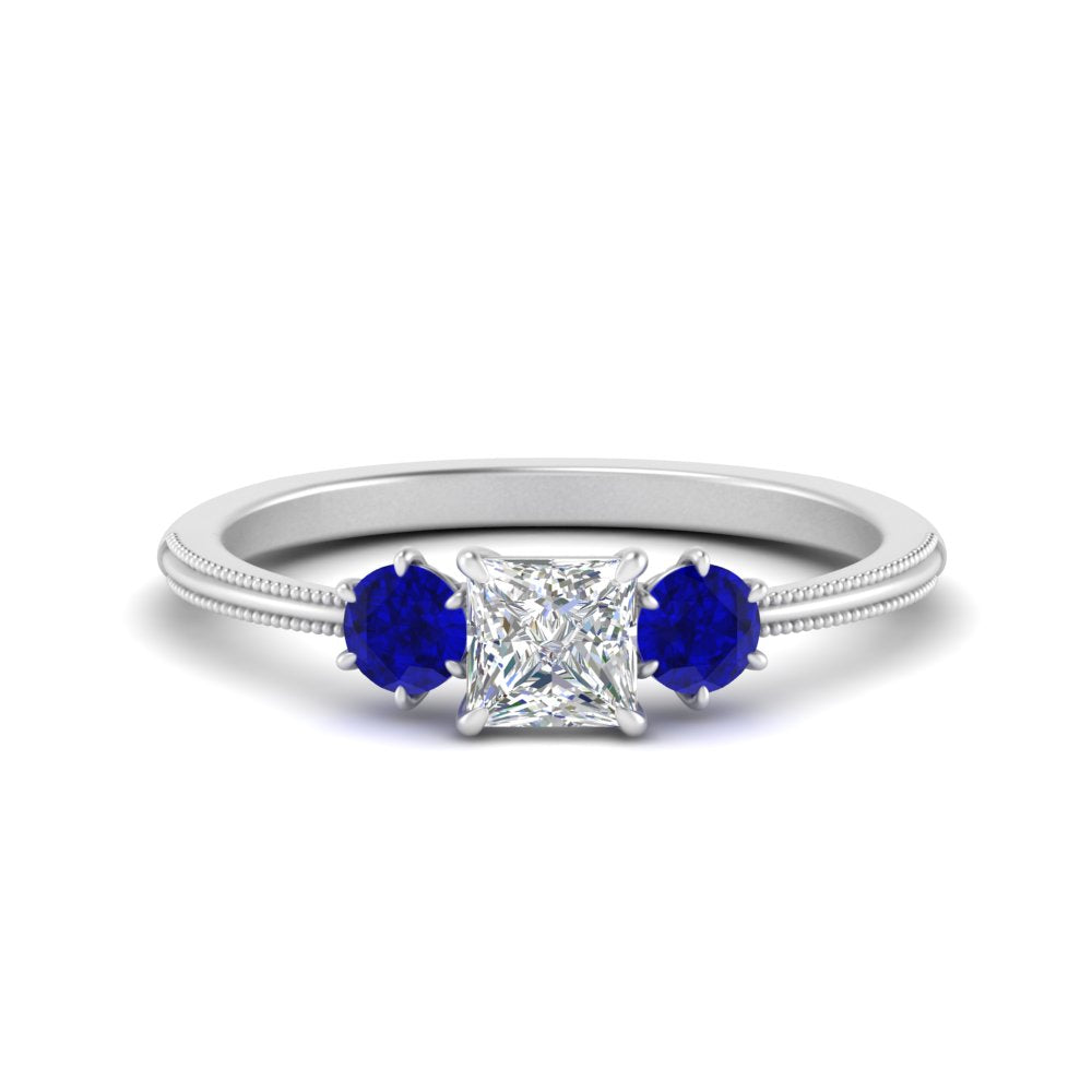 14K Gold Princess & Round Cut Diamond 3 Stone Engagement Ring