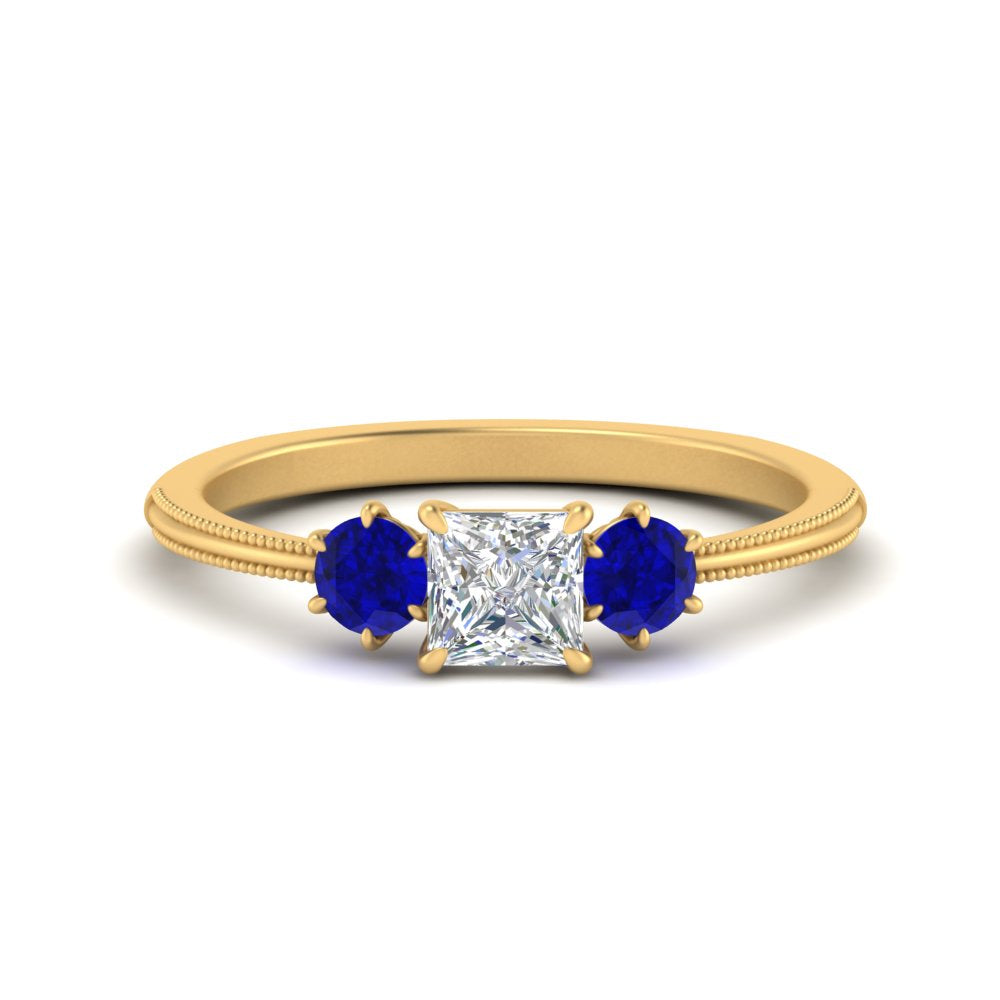 14K Gold Princess & Round Cut Diamond 3 Stone Engagement Ring