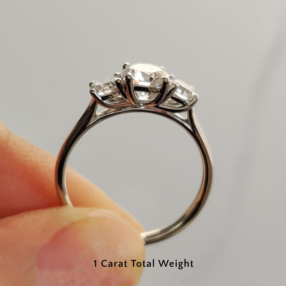 1 Carat Lab Grown Diamond 3 Stone Engagement Ring 14K White Gold