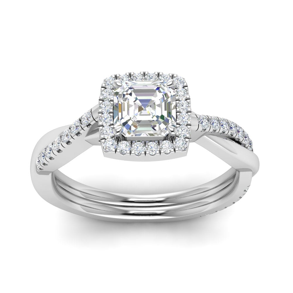 Lab Asscher Cut Diamond Halo Engagement Rings 14K White Gold