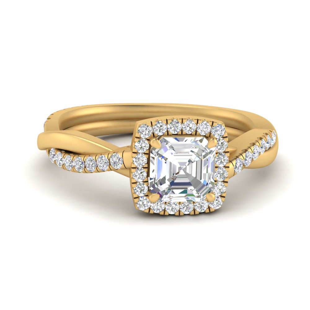 Lab Asscher Cut Diamond Halo Engagement Rings 14K Yellow Gold
