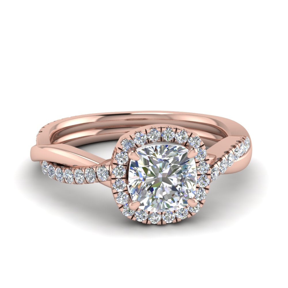 Lab Cushion Cut Diamond Halo Engagement Rings 14K Rose Gold