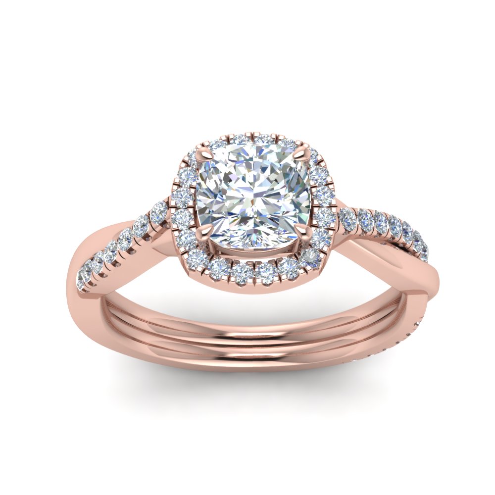 Lab Cushion Cut Diamond Halo Engagement Rings 14K Rose Gold