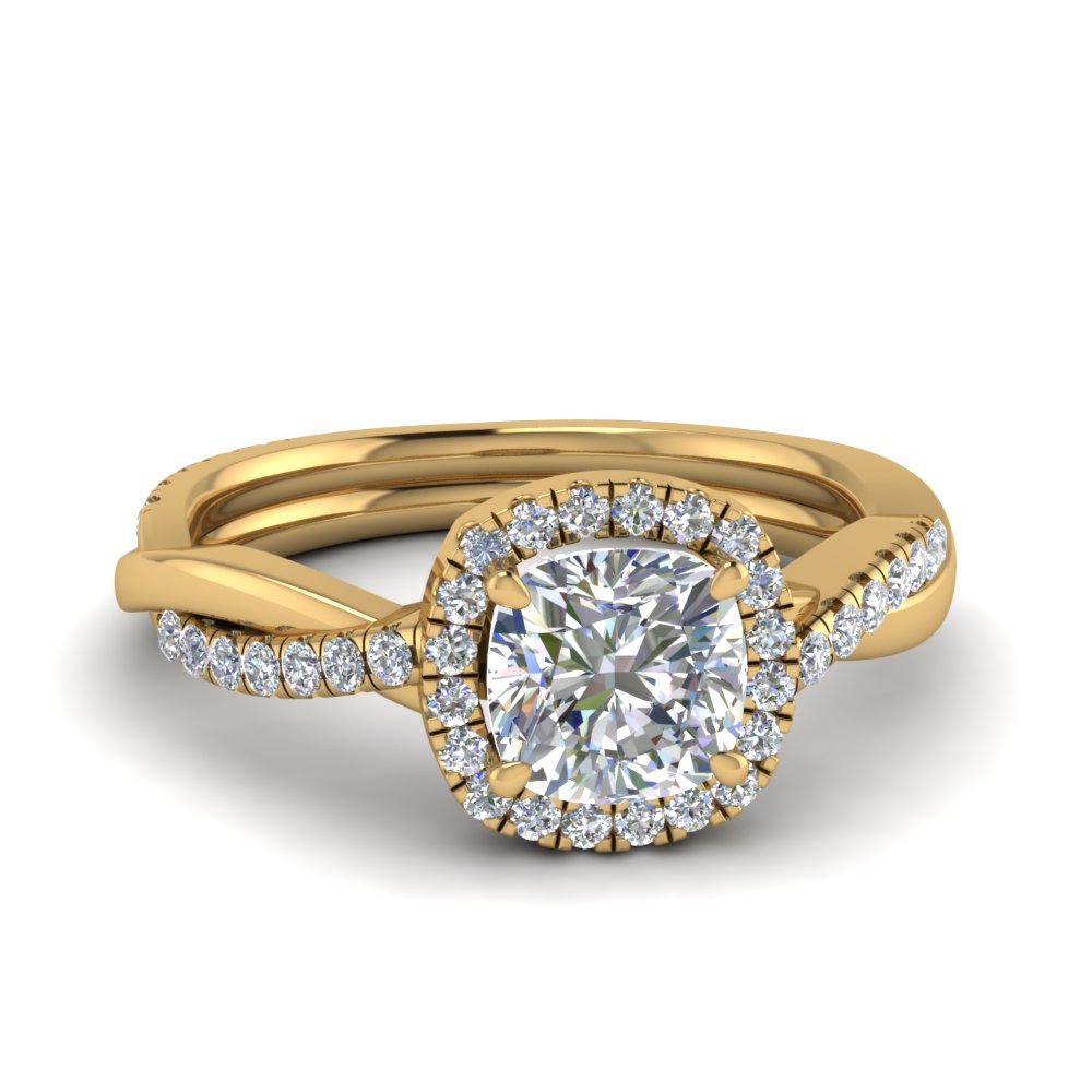 Lab Cushion Cut Diamond Halo Engagement Rings 14K Yellow Gold
