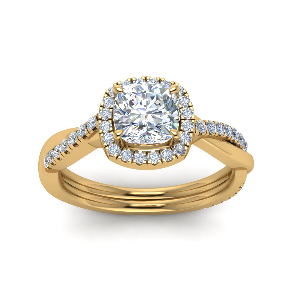 Lab Cushion Cut Diamond Halo Engagement Rings 14K Yellow Gold