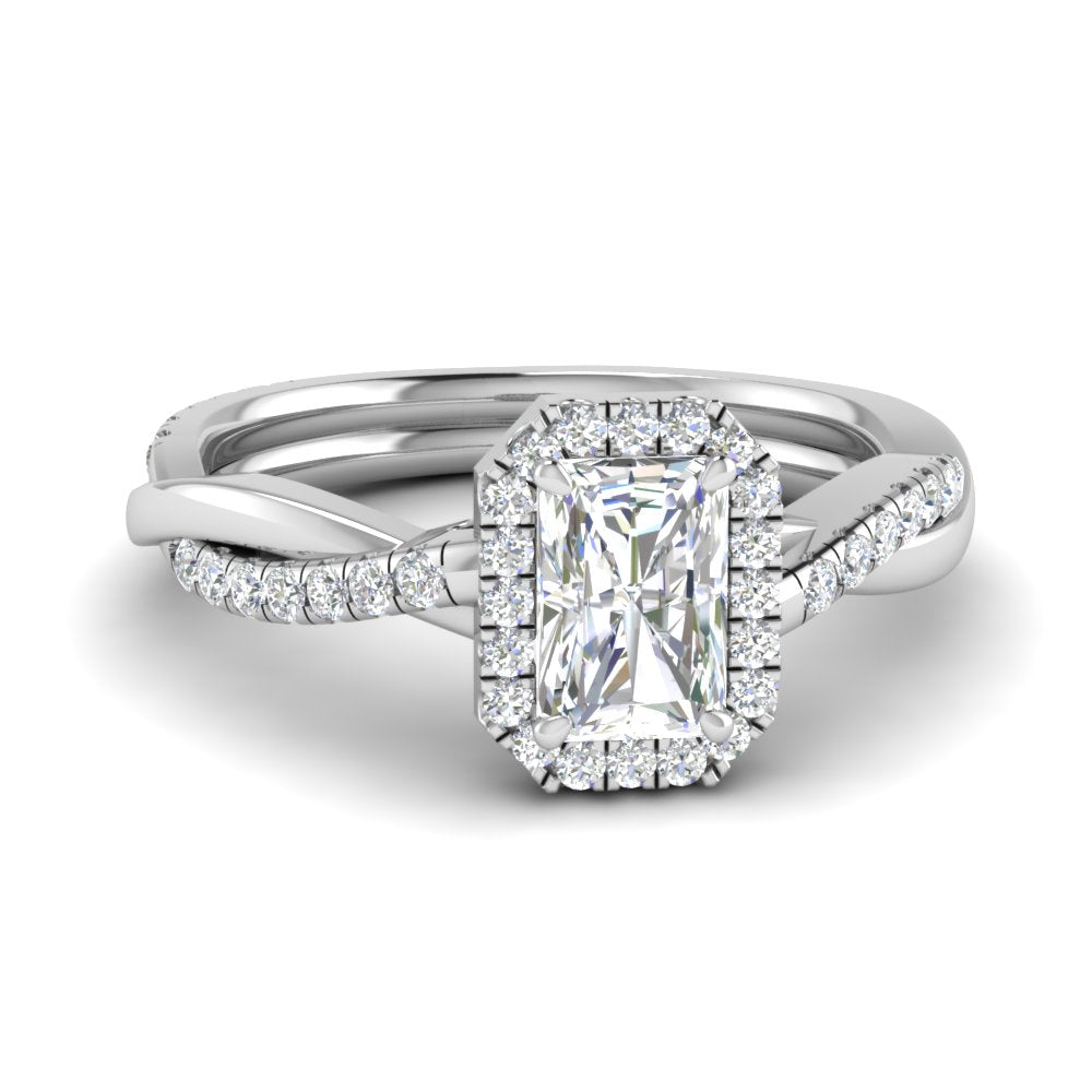 Lab Radiant Cut Diamond Halo Engagement Rings 14K White Gold