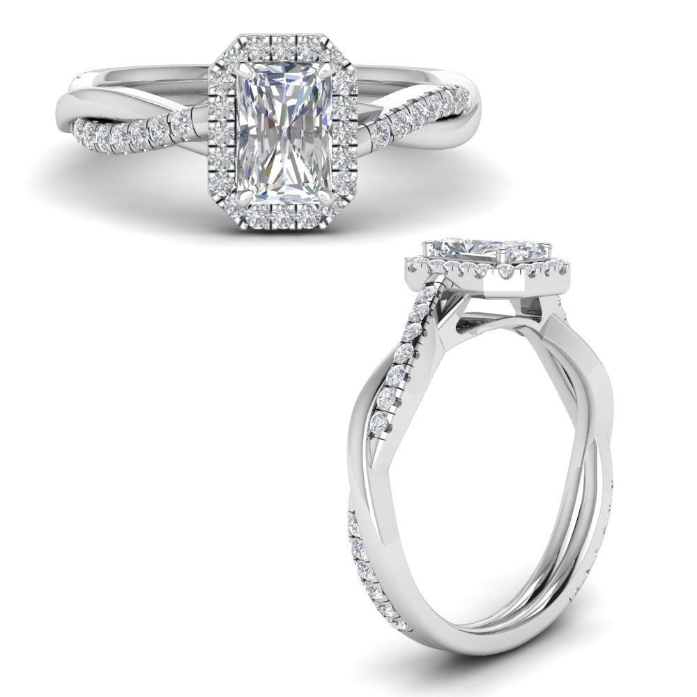 Lab Radiant Cut Diamond Halo Engagement Rings 14K White Gold