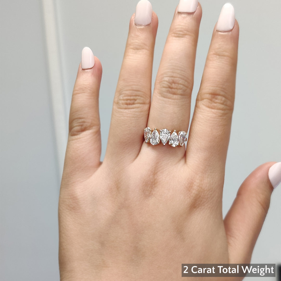 1/2 - 2 1/2 Carat Lab Grown Pear Shaped Diamond Teardrop Lab Created 5 Stone Wedding Band For Women 14K Gold